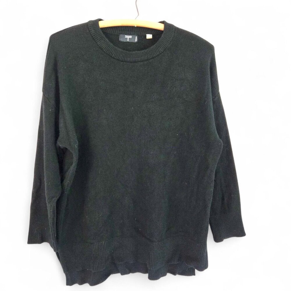 Tahari Woman Black Ribbed Hem High-Low Sweater Crew Neck Large